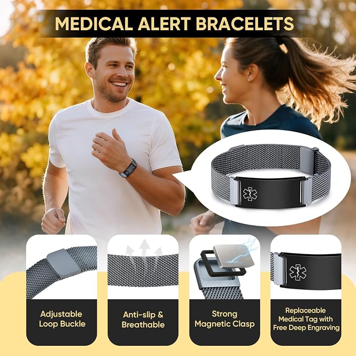VNOX Medical Alert Id Bracelet for Men Women, Custom Engraving Adjustable - Image 2