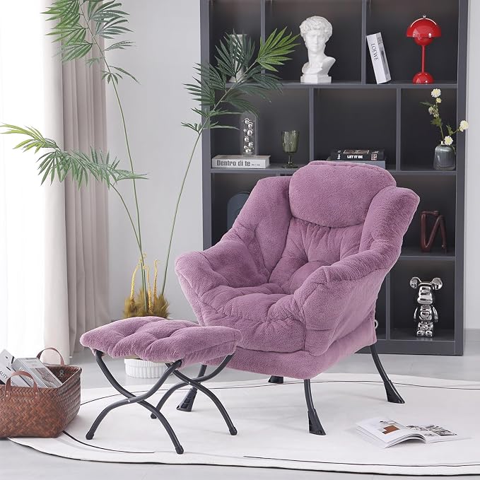 Lazy Chair with Ottoman, Modern Accent Lounge Armchair with Side Pocket & - Image 8