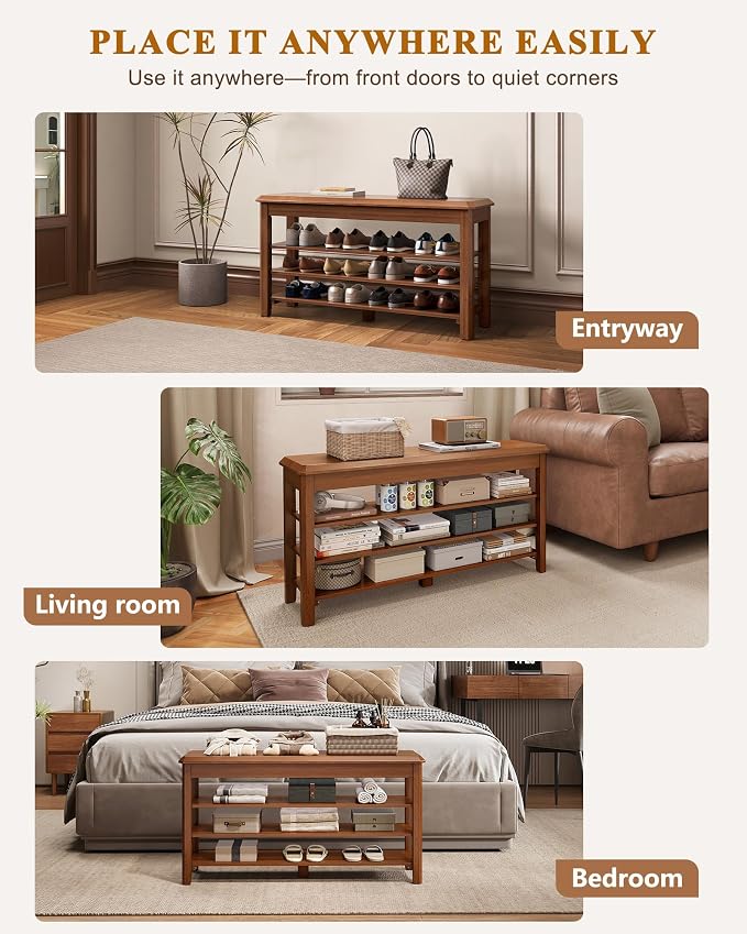 Shoe Rack Bench Seat Rubberwood 3-Tier Wooden Storage Bench 550lbs Compact - Image 8