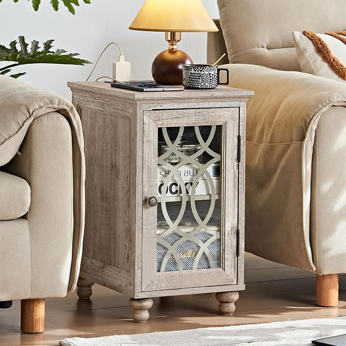 Narrow Side Table with Charging Station Set of 2, Night Stand with Glass Door - Image 2
