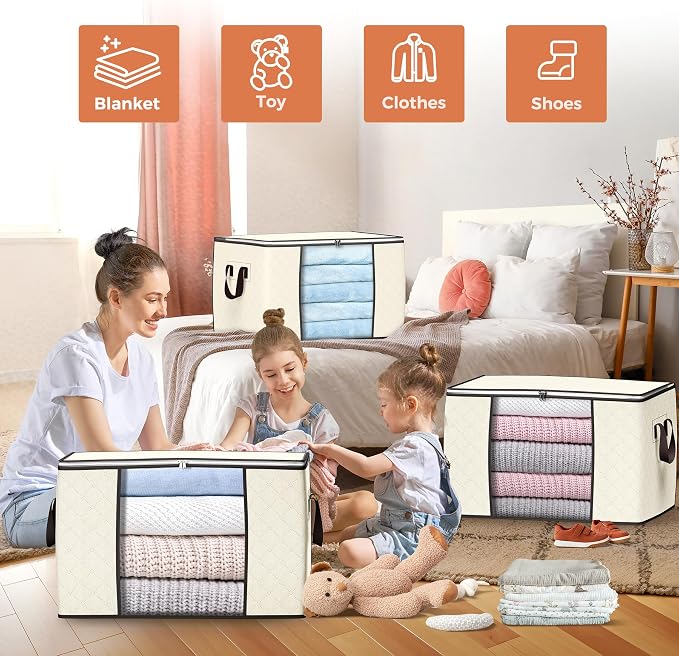90 L Large Storage Bags, 4 Pack Clothes Storage Bins Foldable Closet Organizers - Image 5