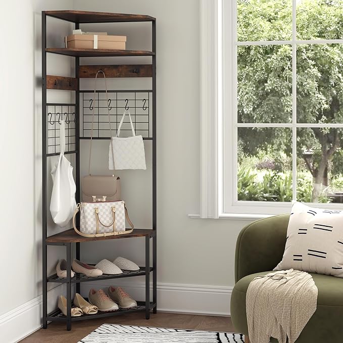 Giantex Corner Hall Tree, 12 Metal Hooks, 5-Tier Entryway Shoes Shelf Organizer - Image 5