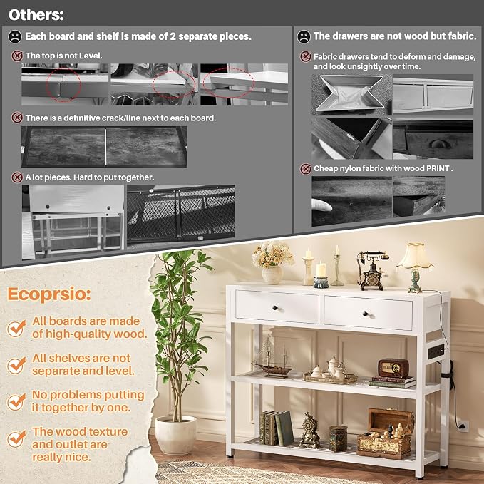 Ecoprsio Entryway Table with Outlets and USB Ports, Console Table with 2 Drawers - Image 7