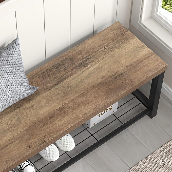 FOLUBAN Entryway Bench, Industrial Wood and Metal Storage Bench - Image 4