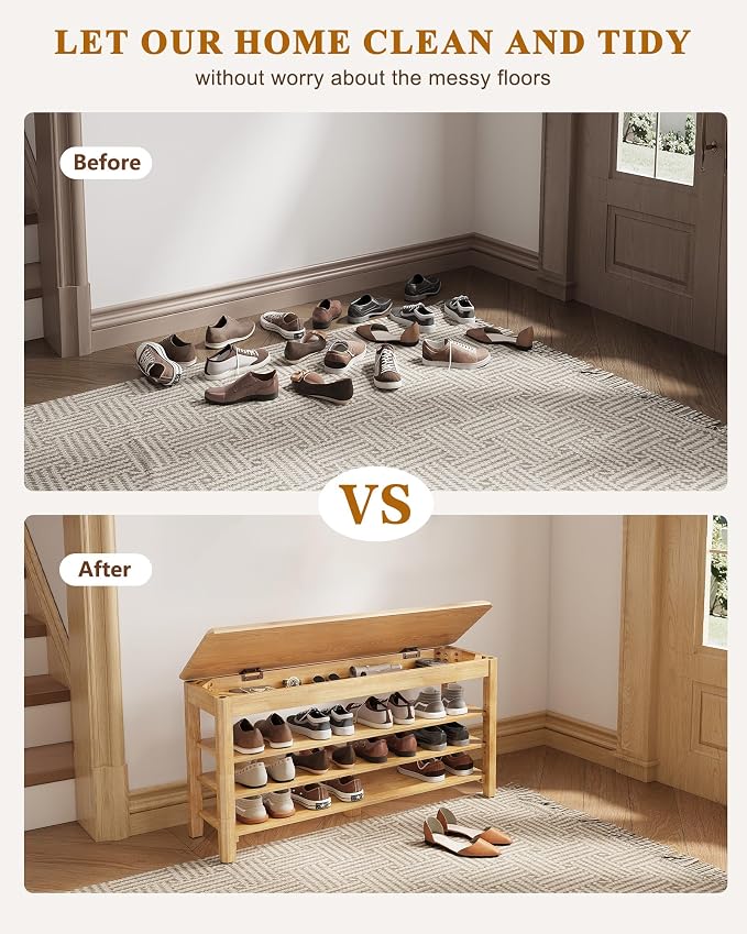 Shoe Rack Bench Seat Rubberwood 3-Tier Wooden Storage Bench 550lbs Compact - Image 6