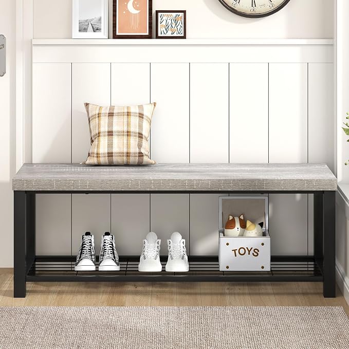 FOLUBAN Entryway Bench, Vintage Wood and Metal Storage Bench - Image 7