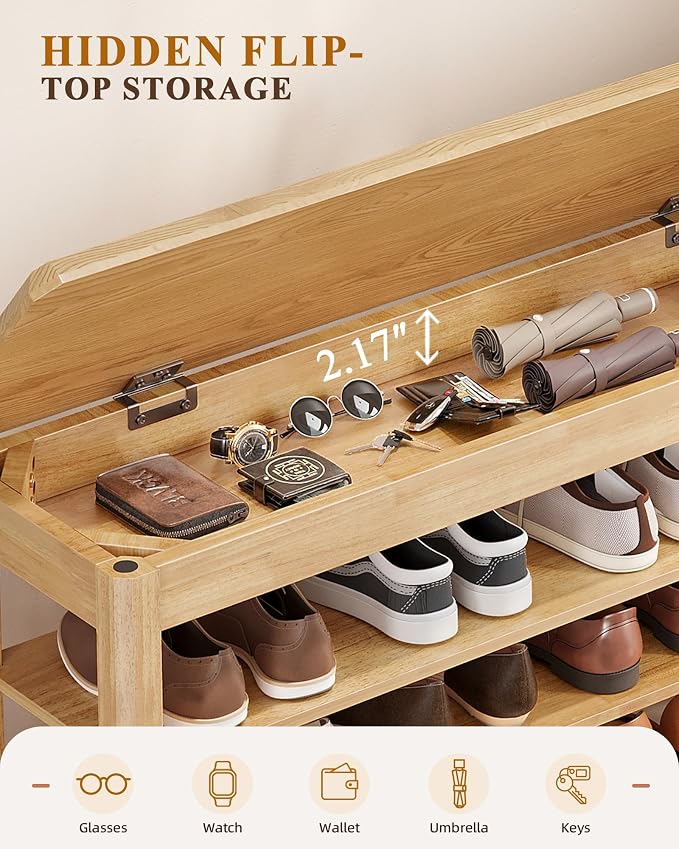 Shoe Rack Bench Seat Rubberwood 3-Tier Wooden Storage Bench 550lbs Compact - Image 7