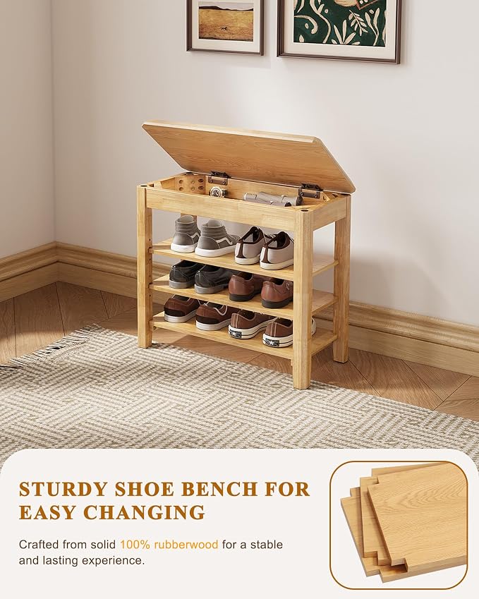 Shoe Rack Bench Seat Rubberwood 3-Tier Wooden Storage Bench 550lbs Compact - Image 5