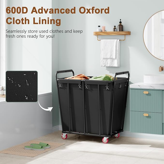 Hoctieon 2 Section Laundry Sorter Cart, 400L Rolling Hamper - Field & Grace