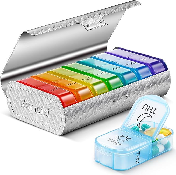 Zannaki Metal XL Weekly Pill Organizer 2 Times a Day, Large Travel Daily Pill by Zannaki