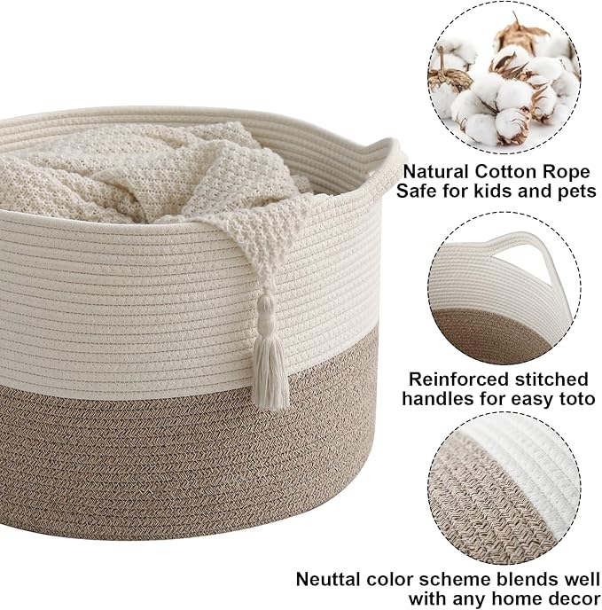 Large Storage Basket with Handle, 19.7" L x 19.7" W x 13" H Blanket Basket - Image 3
