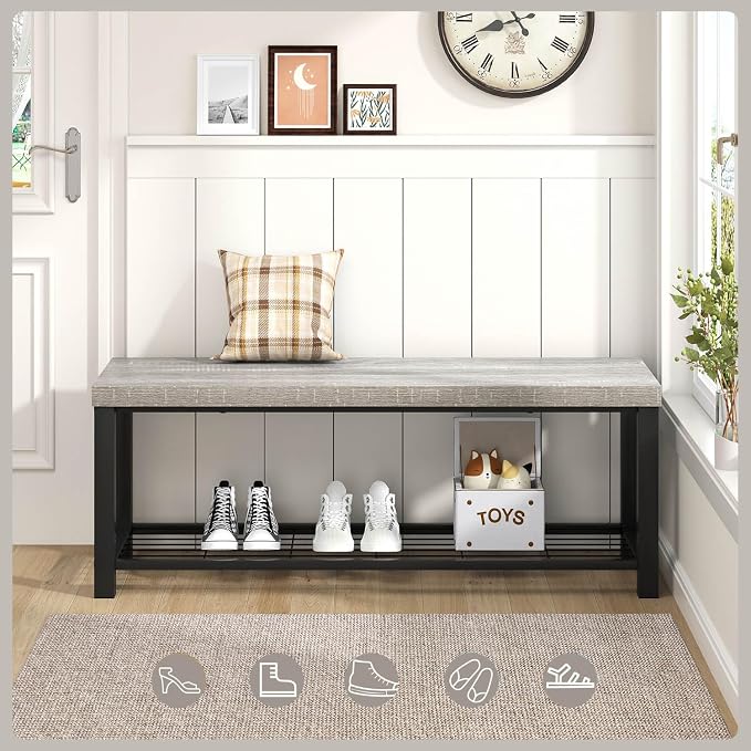 FOLUBAN Entryway Bench, Rustic Wood and Metal Shoe Storage Bench - Image 3
