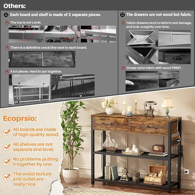 Ecoprsio Entryway Table with Outlets and USB Ports, Console Table with 2 Drawers - Image 4