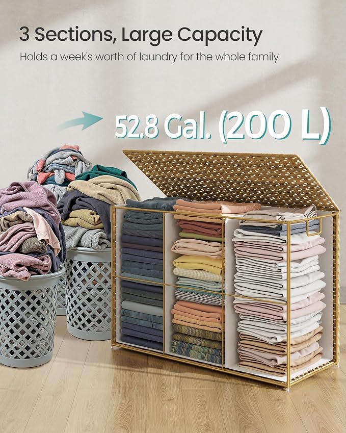 SONGMICS Laundry Hamper with Lid, 52.8 Gallon Synthetic Rattan Clothes Laundry - Field & Grace