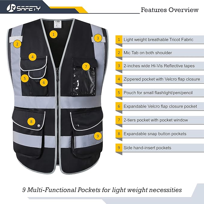 JKSafety 9 Multi-Functional Pockets Zipper Front Safety Vest - Image 3