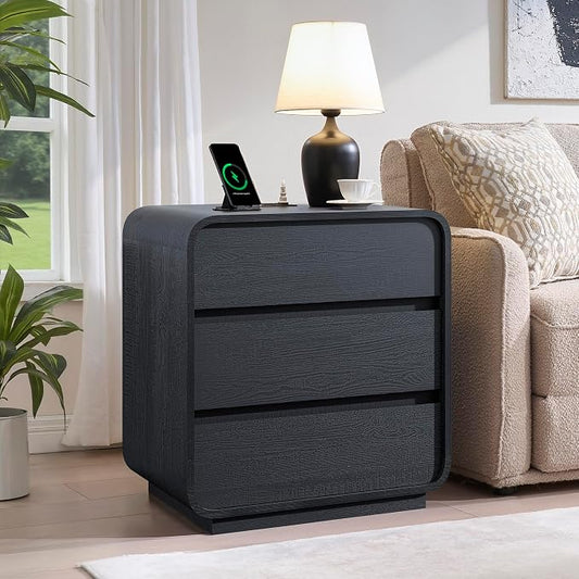Modern Black Nightstand with Charging Station, End Table with 3 Storage Drawers by StandifurnoFurniture