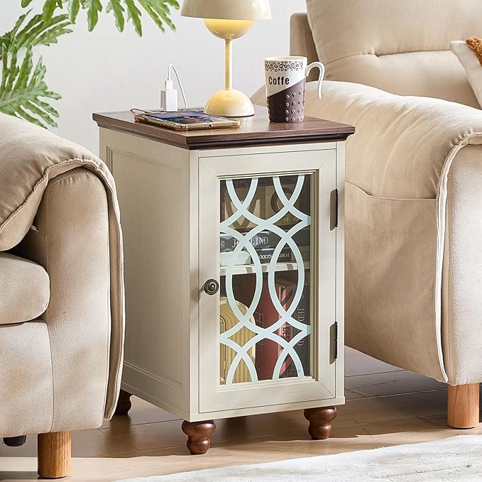 Narrow Side Table with Charging Station Set of 2, Night Stand with Glass Door - Image 2