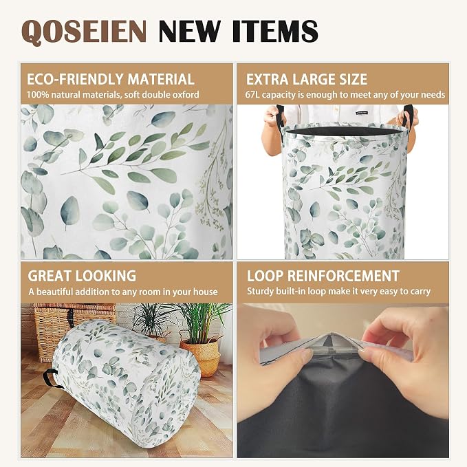 Green Eucalyptus Collapsible Laundry Baskets, Leaves Branches Laundry Hamper - Image 2