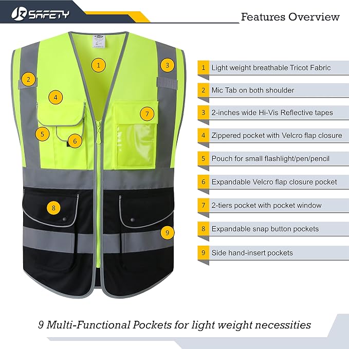 JKSafety 9 Pockets High Visible Reflective Safety Vest Zipper Front Breathable - Image 3