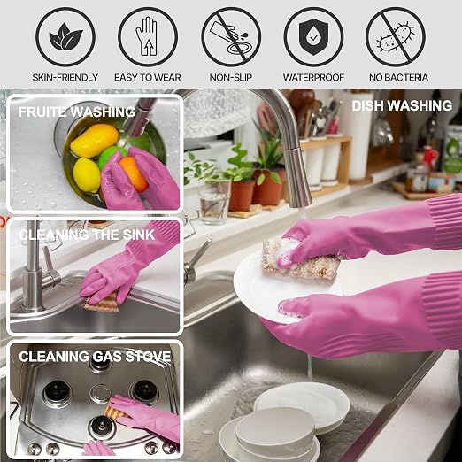 Mamison 2 Pairs Reusable Waterproof Household Dishwashing Cleaning Rubber Gloves - Image 4