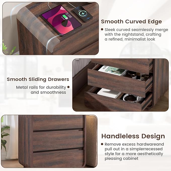 Walnut Curved Nightstand Set of 2, 23.2" Wide Wood Bedside Table - Image 7