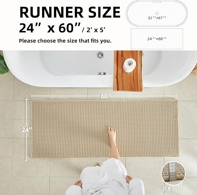 Pale Beige Long Bathroom Rug, Waffle Runner Rug Bathroom Non Slip Washable - Image 2