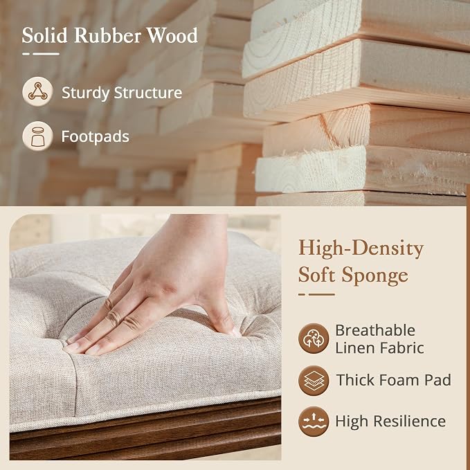 LUE BONA 60" Fabric End of Bed Bench, Upholstered Tufted French Bedroom Bench - Image 7