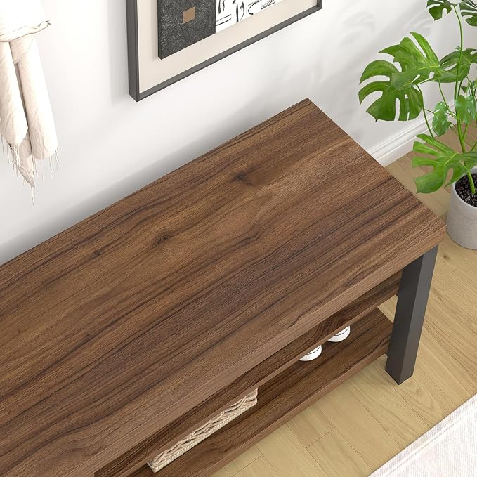 FOLUBAN Shoe Bench, Modern Wood and Metal Storage Bench - Image 4