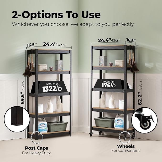 HOMEDANT House 24.4" 5-Tier Metal Rolling Cart Shelf Rack Casters Heavy Duty - Image 4