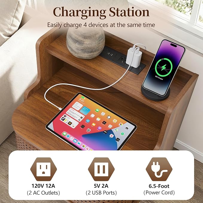Metal Rattan End Table with Charging Station, Mid Century Modern Nightstand - Image 6