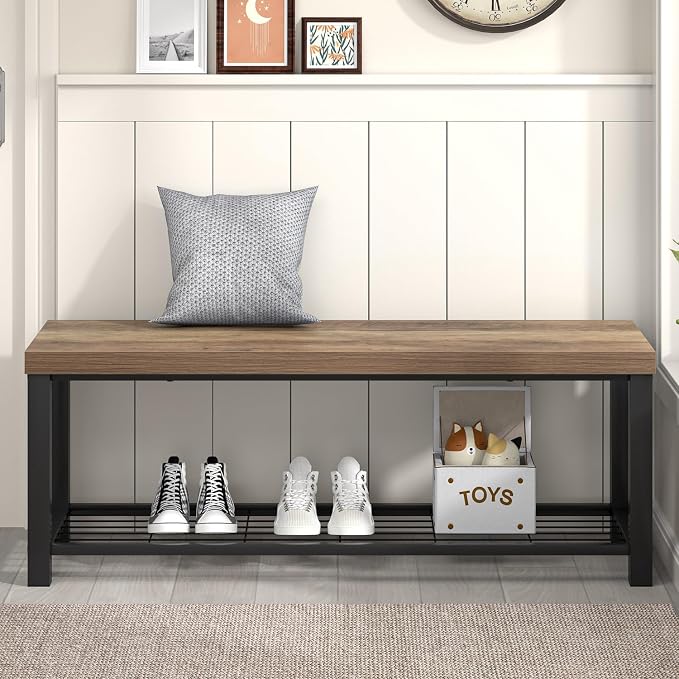 FOLUBAN Entryway Bench, Industrial Wood and Metal Storage Bench - Image 7
