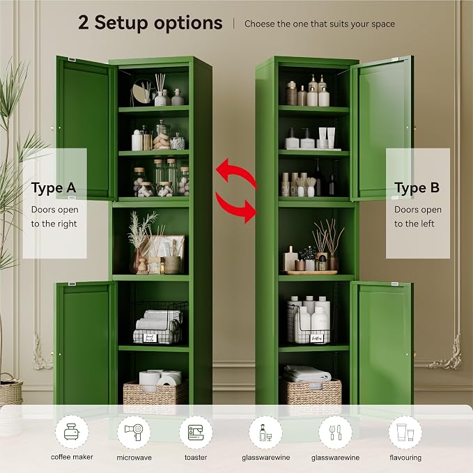 2-Door Metal Storage Cabinet, Tall Slim Pantry Organizer - Image 4