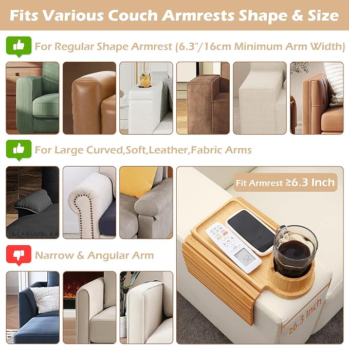 Couch Cup Holder Tray, 3 in 1 Couch Arm Trays, Large Bamboo Chair Arm Rest Tray - Image 2