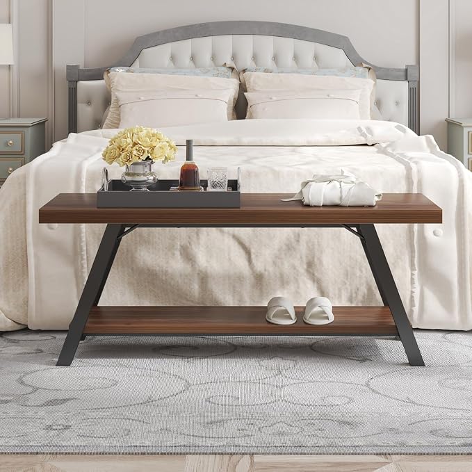 LVB Wood Entryway Bench, Industrial Metal Indoor Shoe Rack, Wooden Storage Bench - Image 3