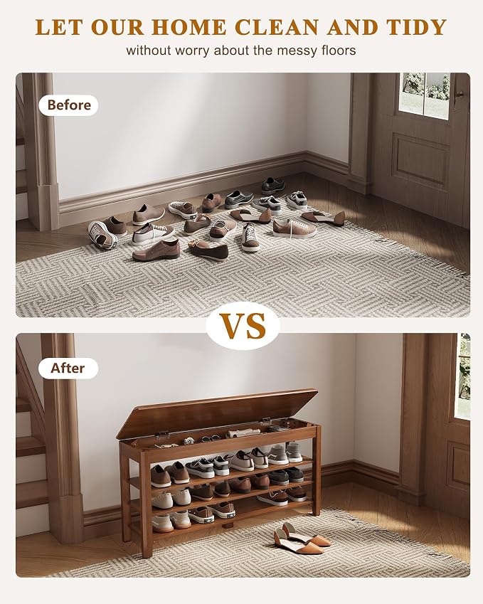 Shoe Rack Bench Seat Rubberwood 3-Tier Wooden Storage Bench 550lbs Compact - Image 6