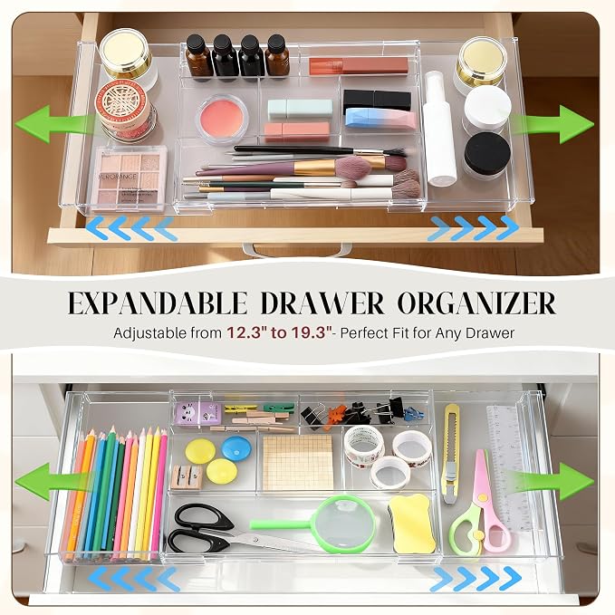 2Pack Shallow Expandable Drawer Organizer, Adjustable 12.5”–20” Clear Plastic - Image 2