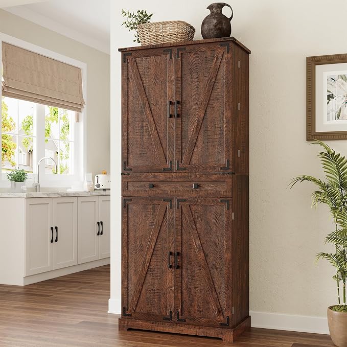 ELYKEN 72" Tall Kitchen Pantry Cabinet, Rustic Brown Farmhouse Pantry - Image 3