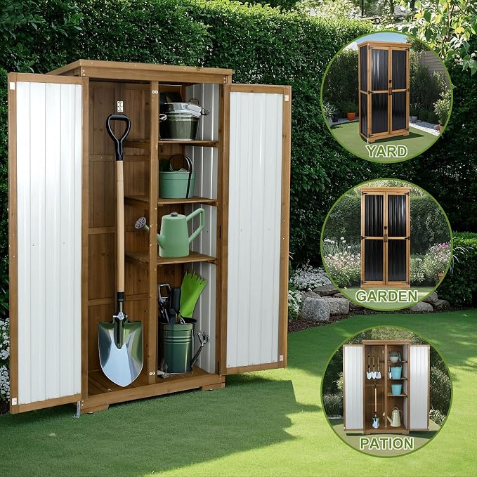 Outdoor Storage Cabinet with Shelf, Wood & Metal Storage Shed with Waterproof - Image 5