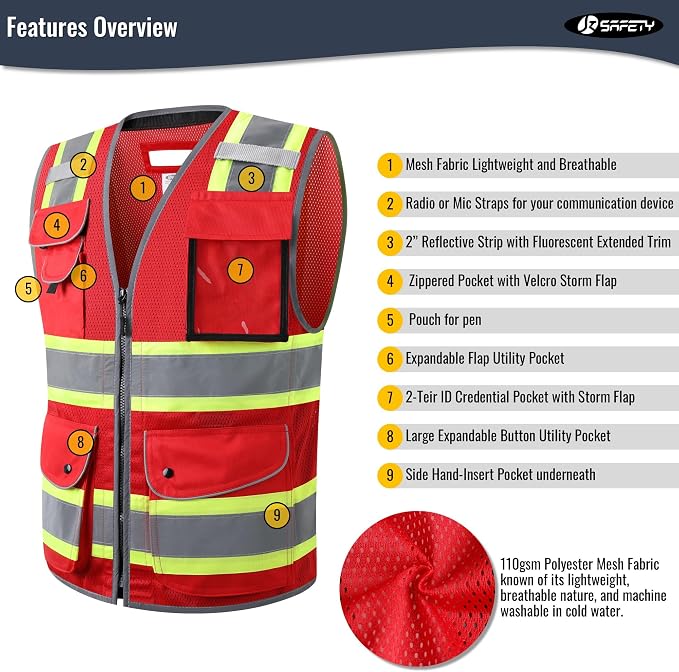 JKSafety 11 Pockets Hi-Vis Black Mesh Safety Vest - Image 2
