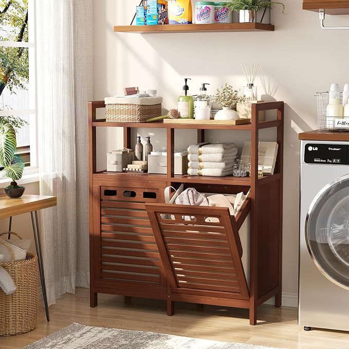 Homykic Tilt Out Laundry Hamper Cabinet, Bamboo Double Laundry Hamper - Field & Grace