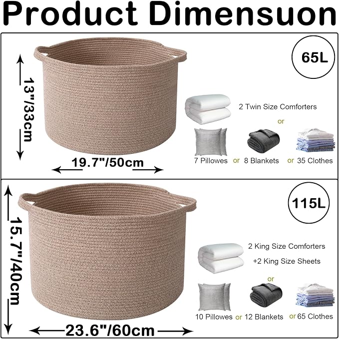 Large Storage Basket with Handle, 19.7" L x 19.7" W x 13" H Blanket Basket - Image 2