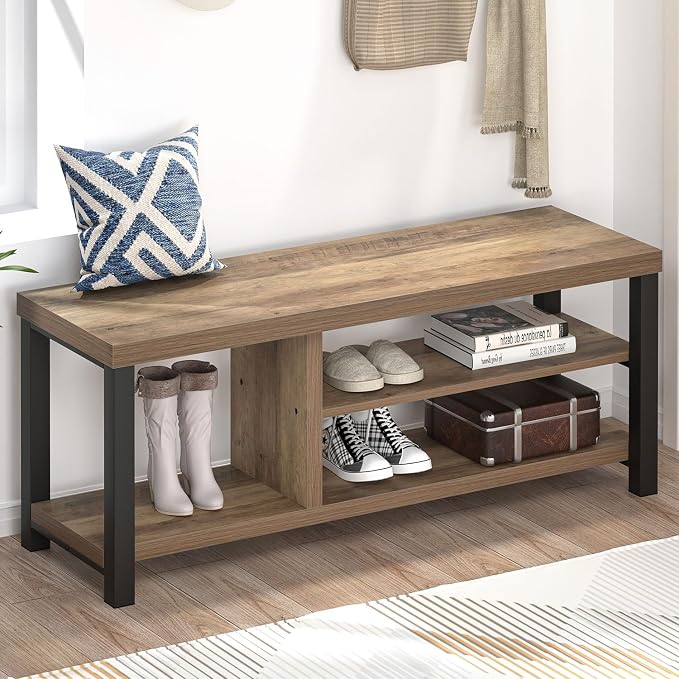 FOLUBAN Shoe Bench for Entryway, Wood and Metal Indoor Bench - Image 3