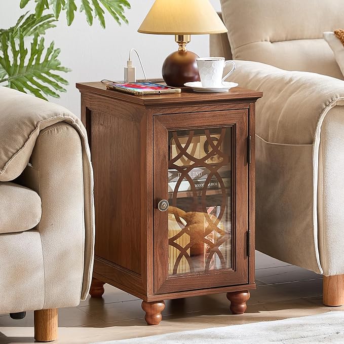 Narrow Side Table with Charging Station Set of 2, Night Stand with Glass Door - Image 8