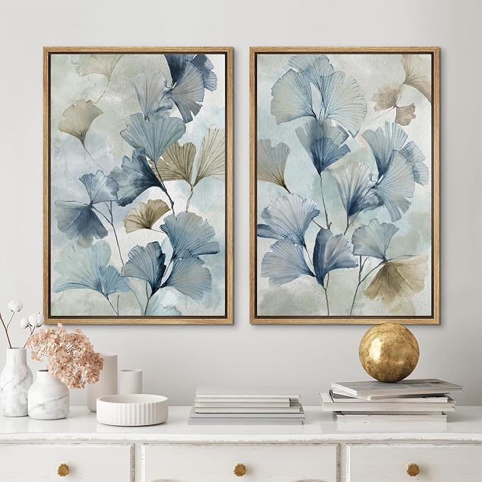 MUDECOR Framed Canvas Print Wall Art Blue Ginkgo Flower Illustrations Modern - Image 2
