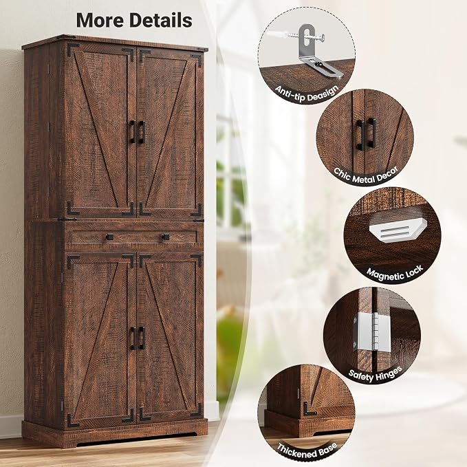 ELYKEN 72" Tall Kitchen Pantry Cabinet, Rustic Brown Farmhouse Pantry - Image 8