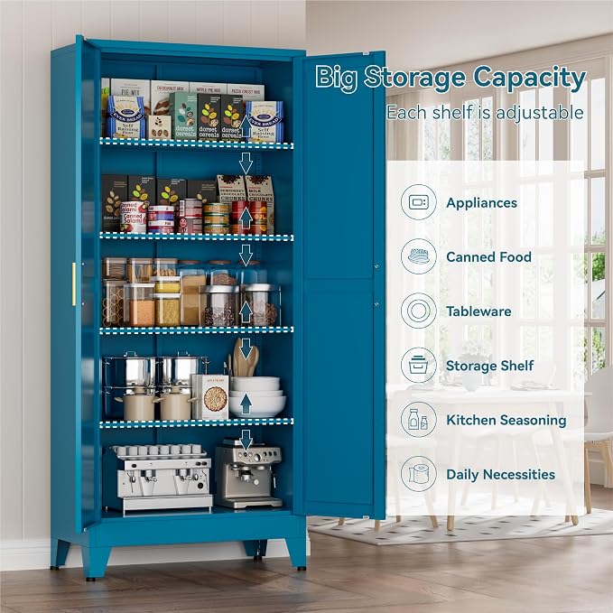 Metal Kitchen Pantry Cabinet, Farmhouse Storage Freestanding Cupboard - Image 6