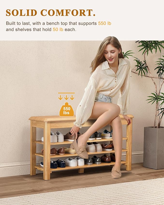Shoe Rack Bench Seat Rubberwood 3-Tier Wooden Storage Bench 550lbs Compact - Image 4