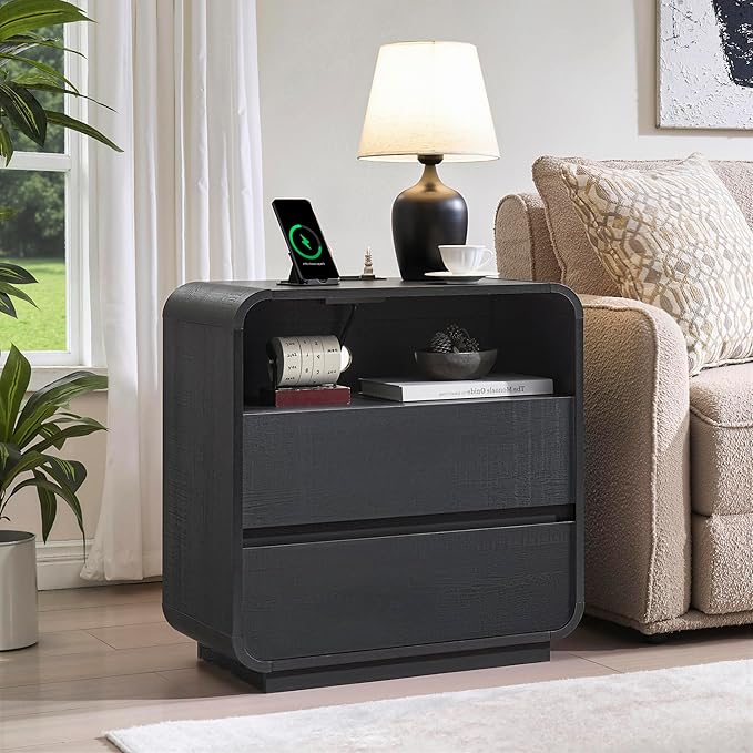 Black Nightstand Set of 2 with Charging Station, Modern Night Stand with 2 - Image 3