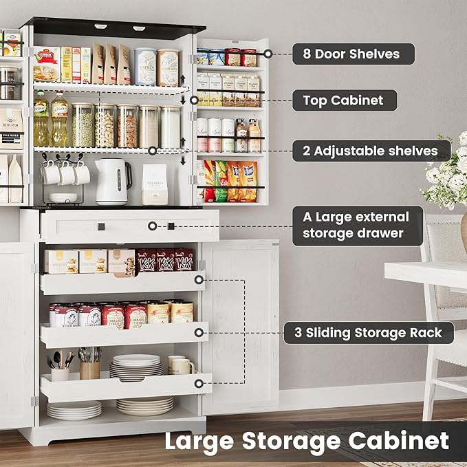 ELYKEN 72" Pantry Cabinet with Door Shelving & Sliding Shelves, Farmhouse Tall - Image 4