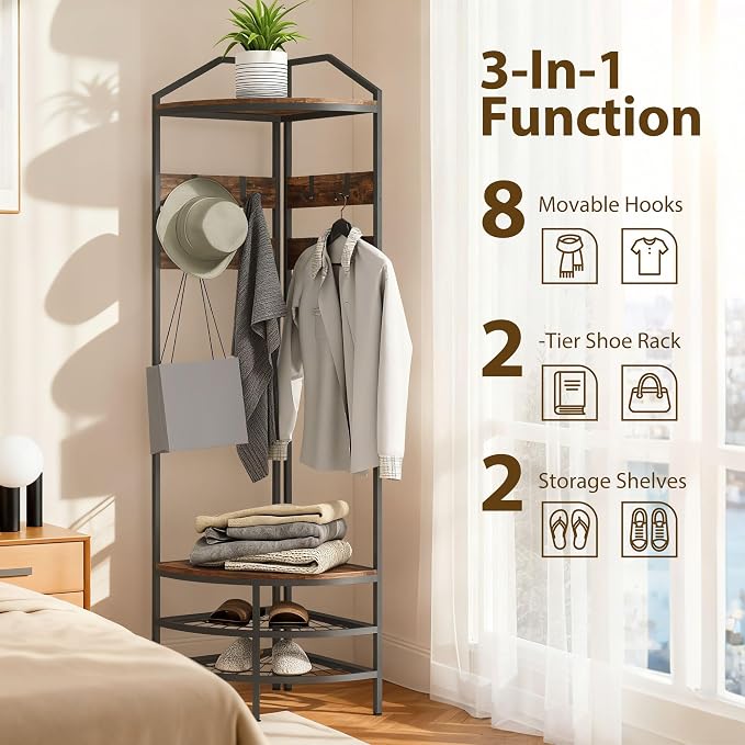 HOMCOM Corner Hall Tree, Industrial 4-Tier Coat Rack - Image 3